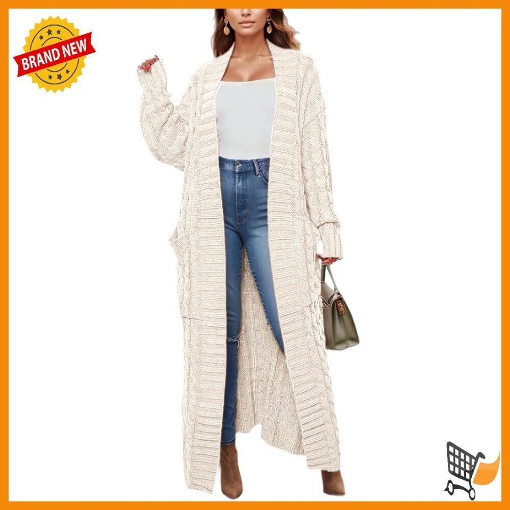 Long Cable Knit Cardigan Sweater with Pockets Open Front Loose Fit